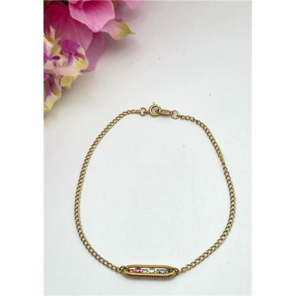 Vintage Avon Gold Tone Floating Crystal Slide Bar Anklet Pink Blue Clear 9.5 In